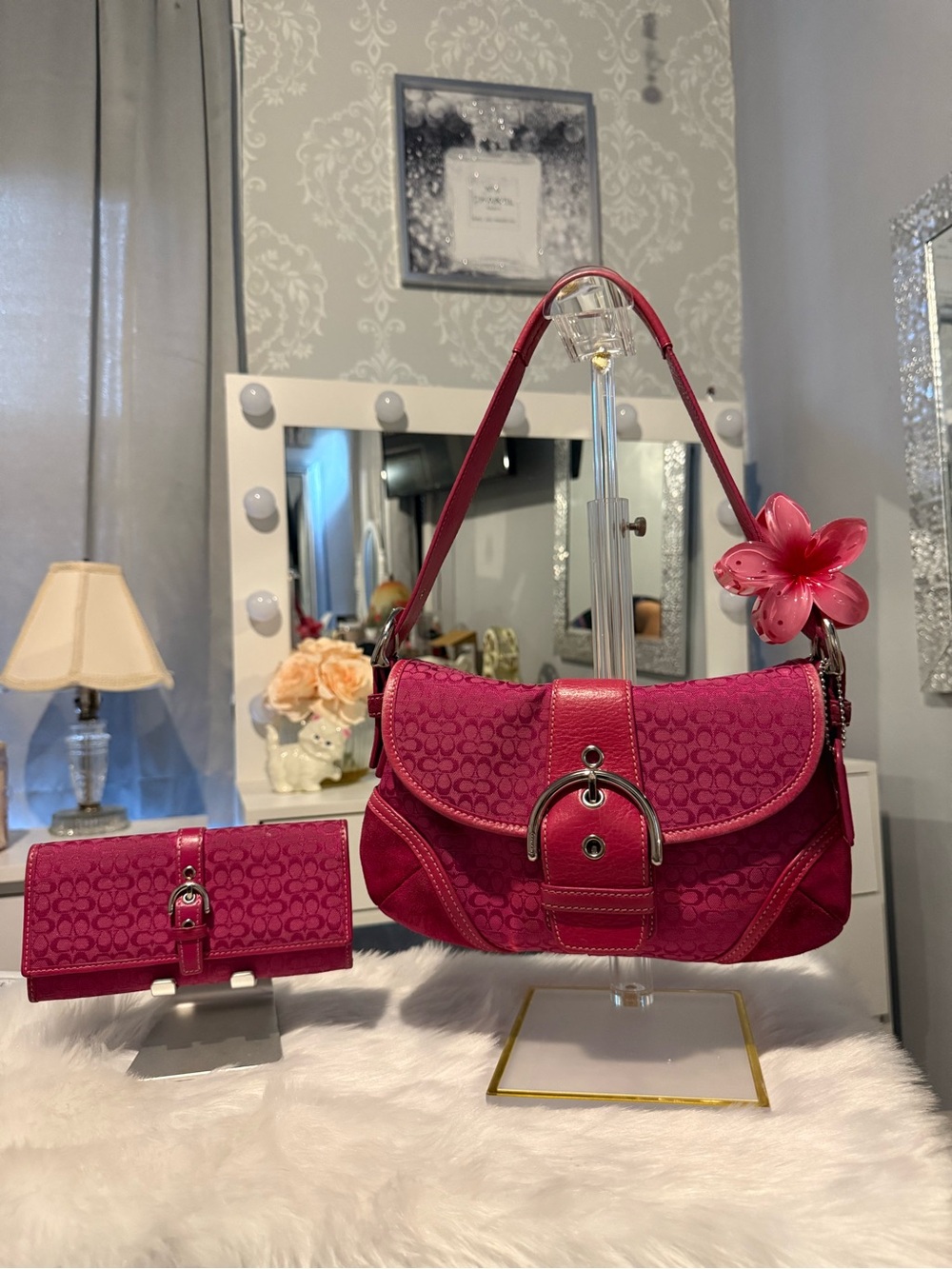 Coach Soho pink jacquard matching bag + wallet rare set